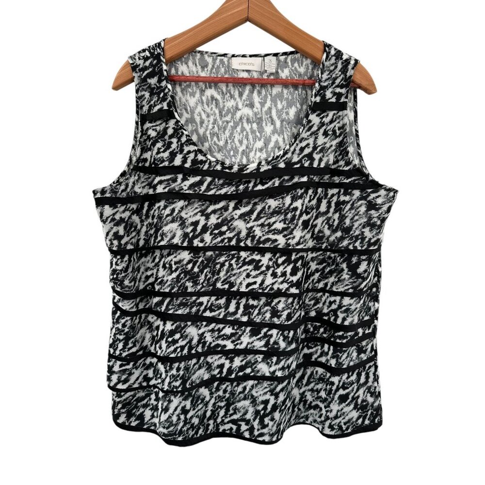 Chico's Women's Sleeveless Black & White Animal Print Layered Tank Top Size 3 XL